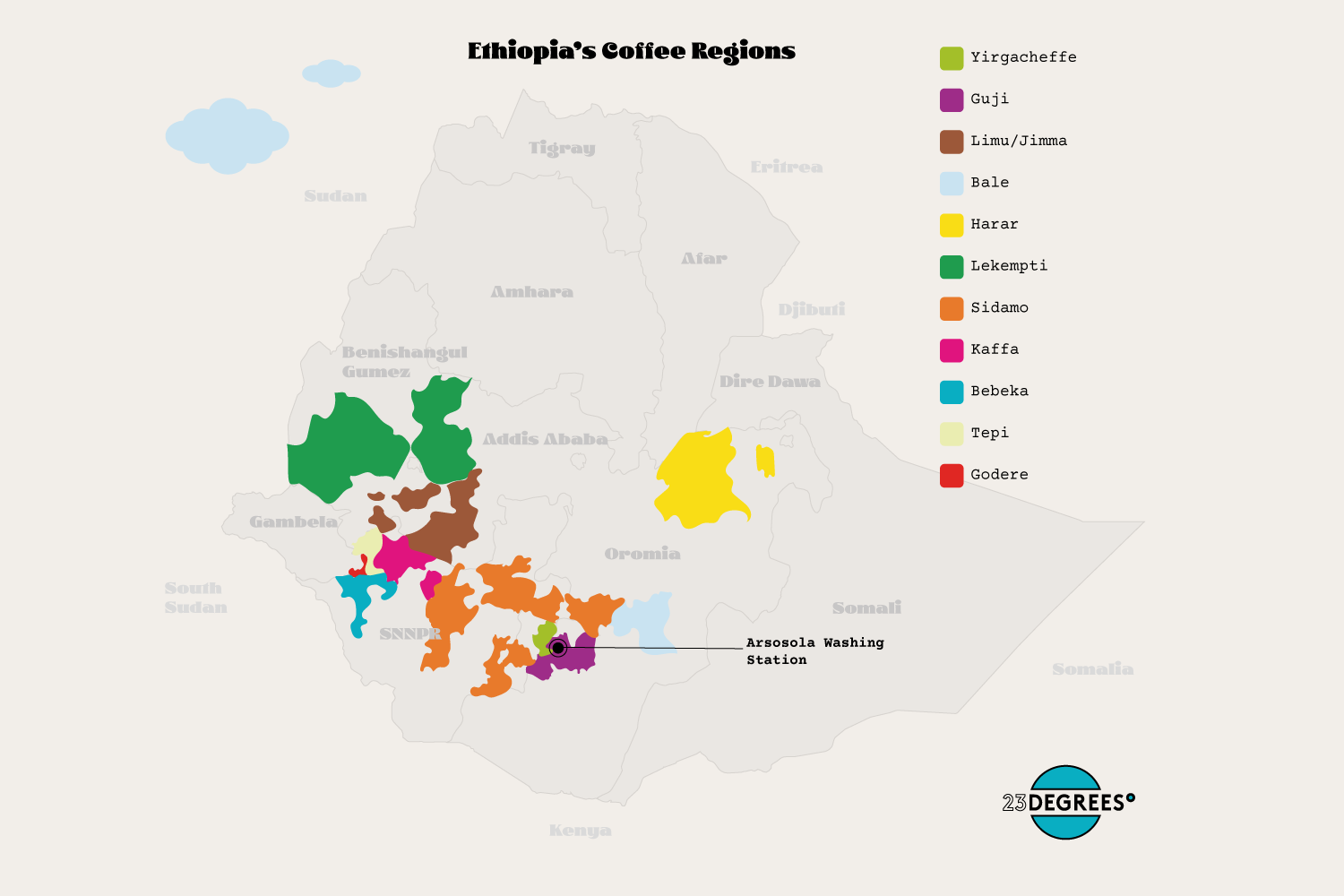 A map of Ethiopia's best coffee growing regions