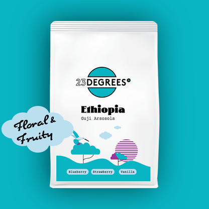 coffee bag of Ethiopian coffee by 23 Degrees Coffee Roasters. Delicious fruity and floral cup.