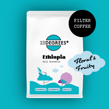 Coffee bag of filter roasted coffee from Ethiopia with floral and fruity notes.ed.